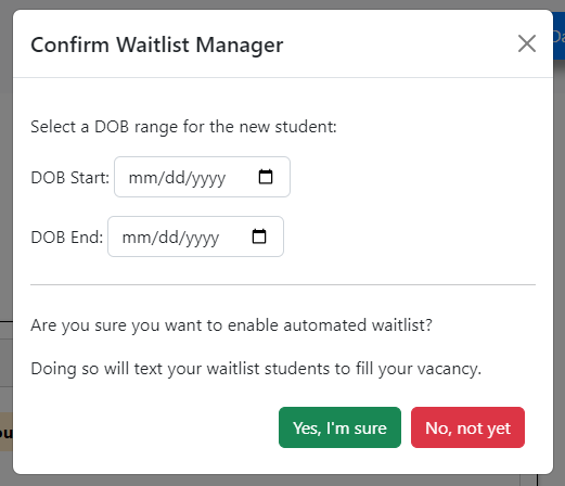 An image of the waitlist manager modal in Toddly.